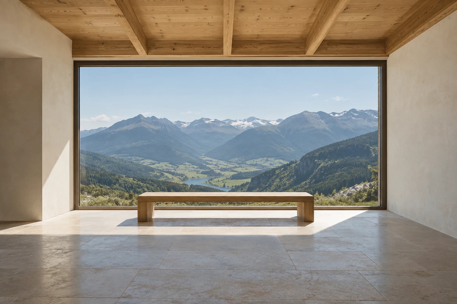 A timber and glass interior opening onto the mountains